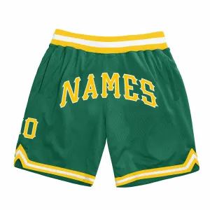 Custom Kelly Green Gold-White Authentic Throwback Basketball Shorts