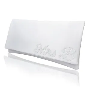 Ivory satin MRS and initial wedding day bridal clutch handbag