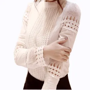 S-5XL Autumn Women's Shirts White Long-sleeved Blouses Slim Basic Tops Plus Size Hollow Lace Shirts Female High Quality J2531